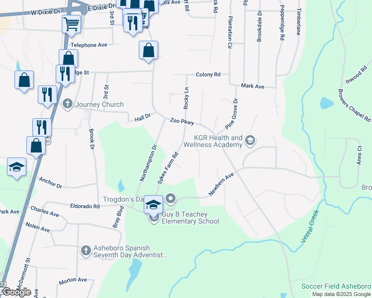 map of restaurants, bars, coffee shops, grocery stores, and more near 1868 Horse Carriage Lane in Asheboro
