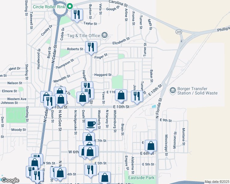 map of restaurants, bars, coffee shops, grocery stores, and more near East 11th Street in Borger
