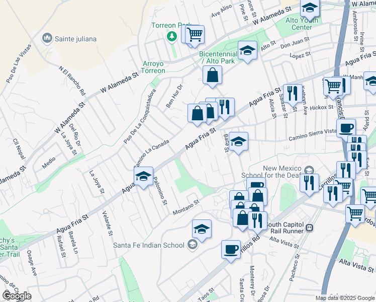 map of restaurants, bars, coffee shops, grocery stores, and more near 1423 Agua Fria Street in Santa Fe