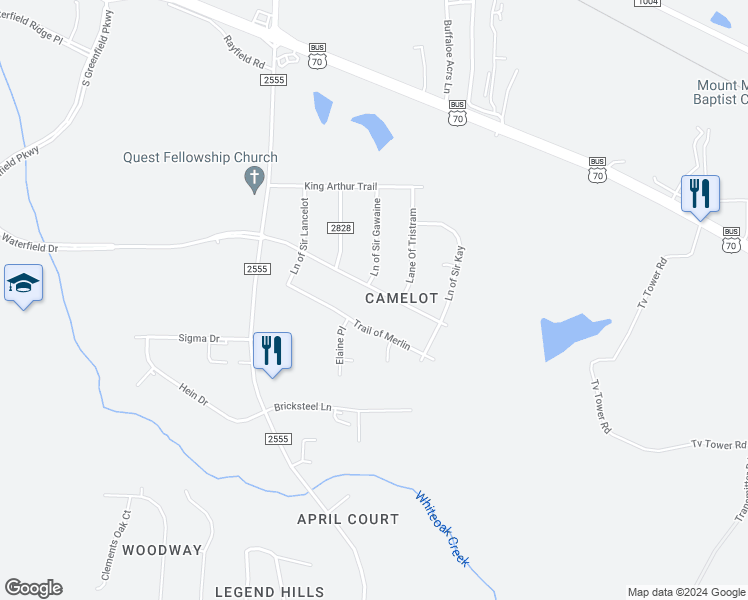 map of restaurants, bars, coffee shops, grocery stores, and more near 402 Queen Guenevere Trail in Garner