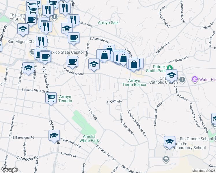 map of restaurants, bars, coffee shops, grocery stores, and more near 406 Sosaya Lane in Santa Fe