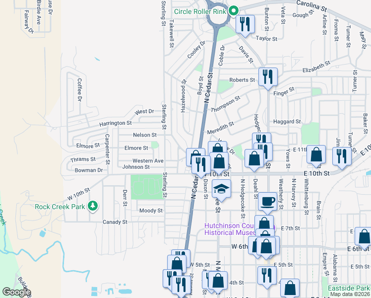 map of restaurants, bars, coffee shops, grocery stores, and more near 1104 Cooley Drive in Borger