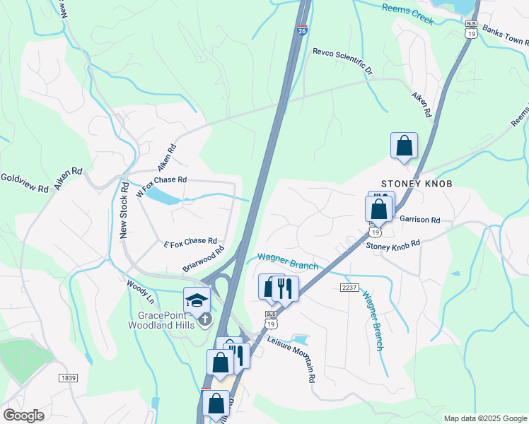 map of restaurants, bars, coffee shops, grocery stores, and more near 115 Firwood Court in Asheville