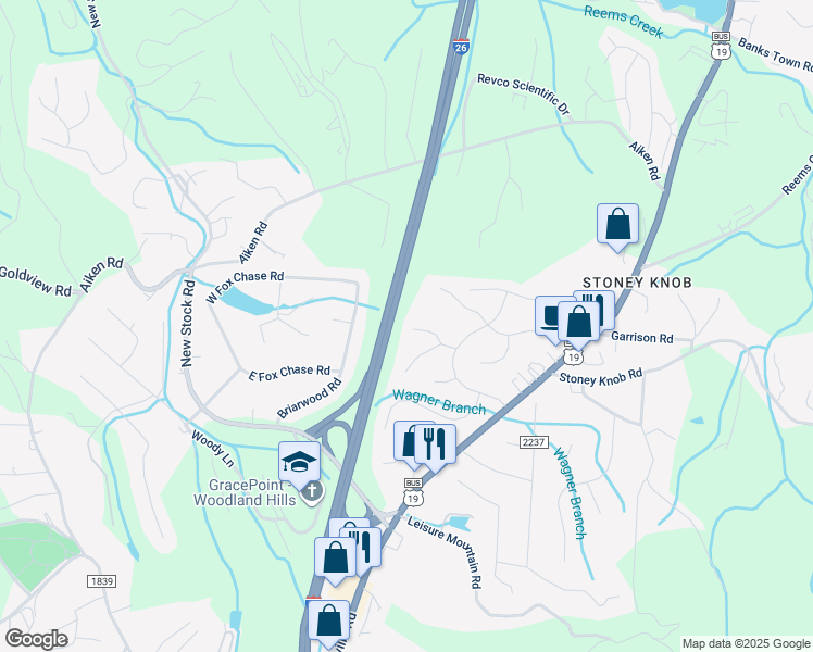 map of restaurants, bars, coffee shops, grocery stores, and more near 115 Firwood Court in Asheville