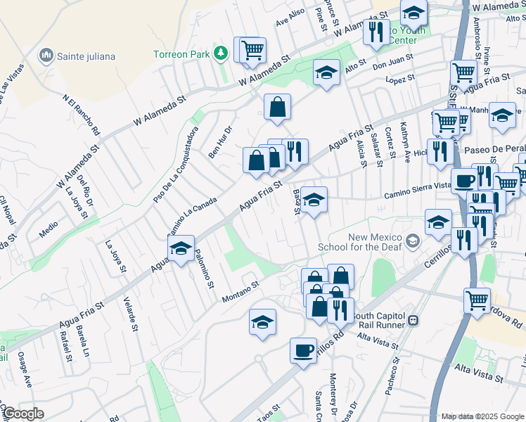 map of restaurants, bars, coffee shops, grocery stores, and more near 1412 Agua Fria Street in Santa Fe