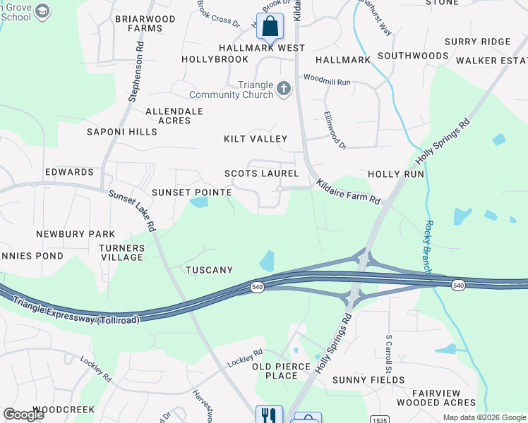 map of restaurants, bars, coffee shops, grocery stores, and more near 261 Bally Shannon Way in Apex