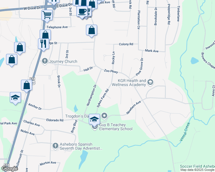 map of restaurants, bars, coffee shops, grocery stores, and more near 472 Sykes Farm Road in Asheboro