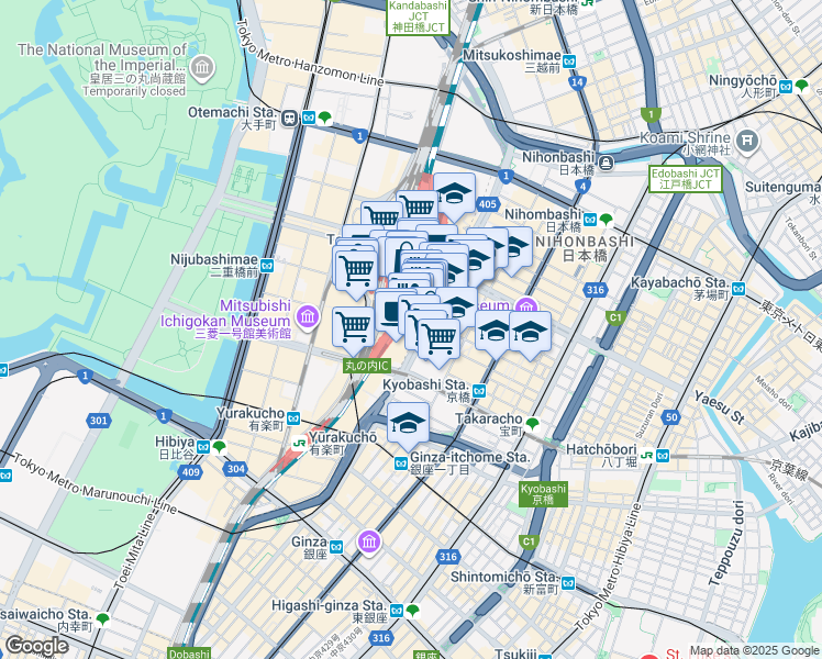 map of restaurants, bars, coffee shops, grocery stores, and more near in Chiyoda City