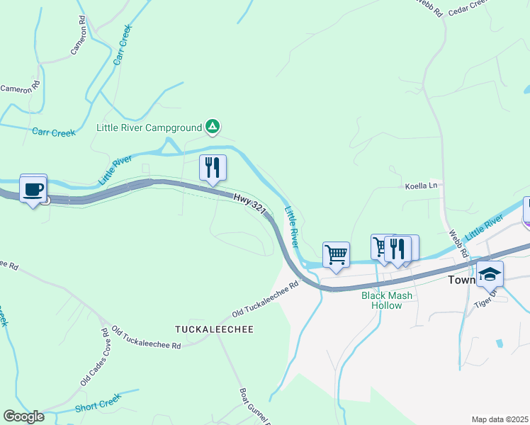 map of restaurants, bars, coffee shops, grocery stores, and more near 7410 East Lamar Alexander Parkway in Townsend