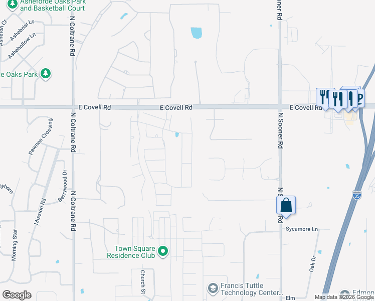map of restaurants, bars, coffee shops, grocery stores, and more near 3700 East Covell Road in Edmond