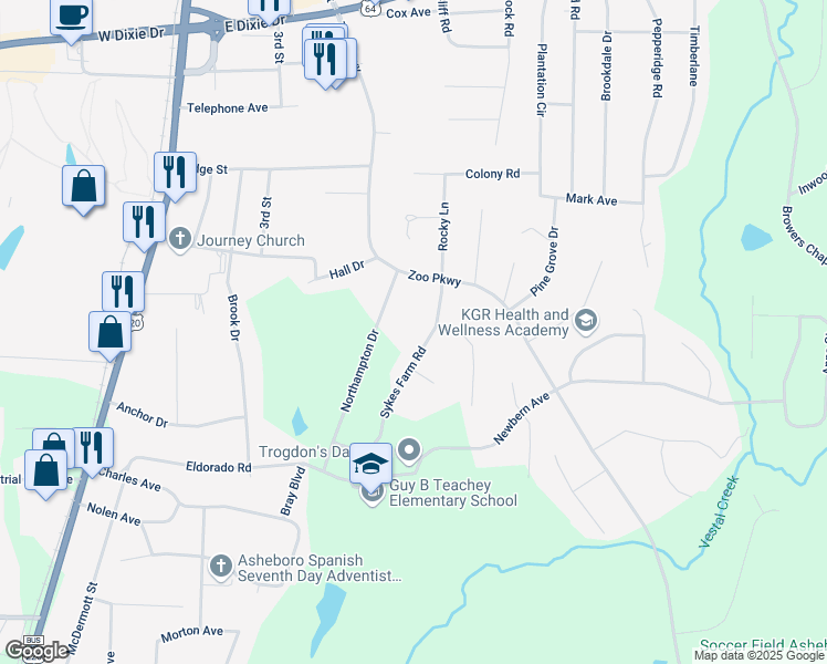 map of restaurants, bars, coffee shops, grocery stores, and more near 472 Sykes Farm Road in Asheboro