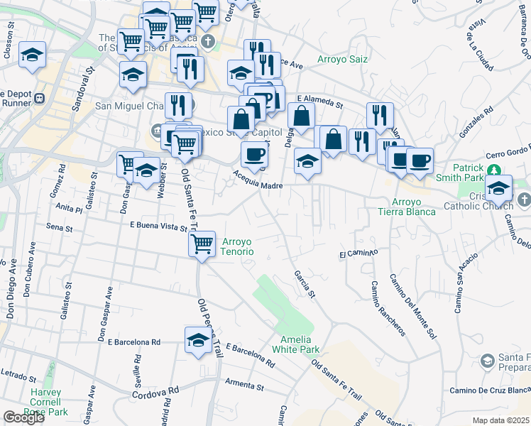 map of restaurants, bars, coffee shops, grocery stores, and more near 530 Garcia Street in Santa Fe