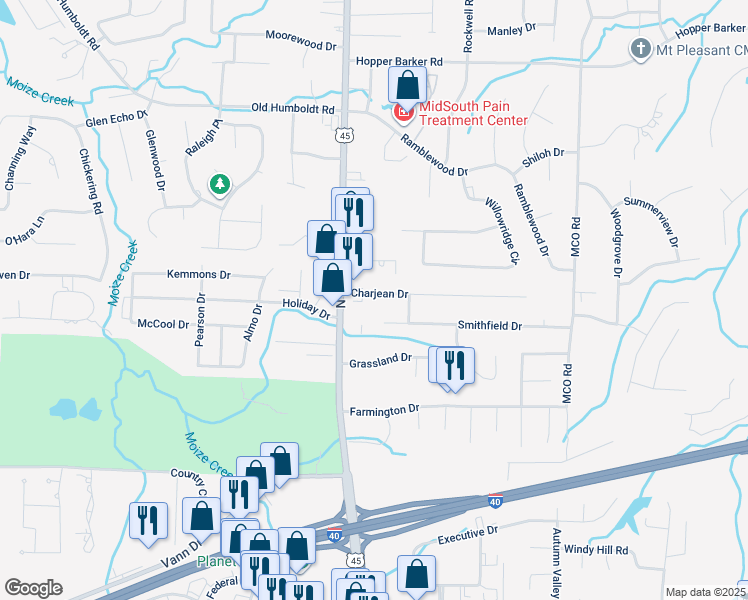 map of restaurants, bars, coffee shops, grocery stores, and more near 38 Charjean Drive in Jackson