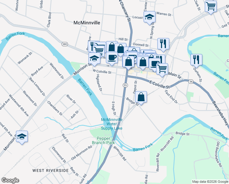 map of restaurants, bars, coffee shops, grocery stores, and more near South High Street in McMinnville