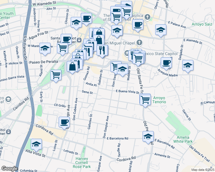 map of restaurants, bars, coffee shops, grocery stores, and more near 105 Laughlin Street in Santa Fe