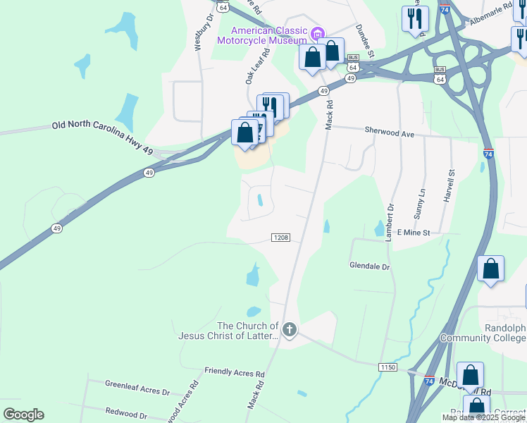 map of restaurants, bars, coffee shops, grocery stores, and more near 612 Oak Leaf Road in Asheboro