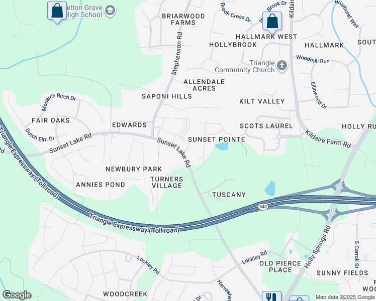 map of restaurants, bars, coffee shops, grocery stores, and more near 4749 Sunset Lake Road in Apex