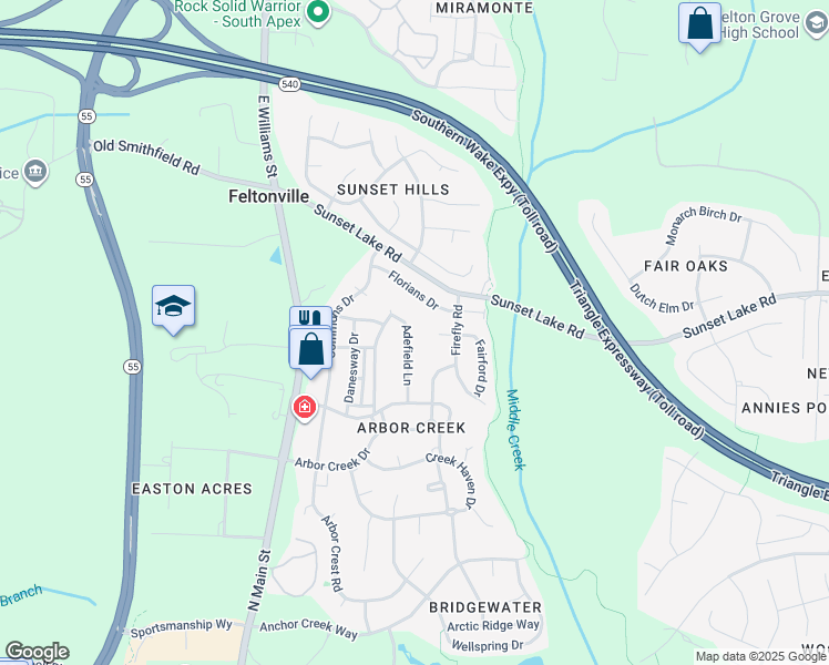 map of restaurants, bars, coffee shops, grocery stores, and more near 244 Adefield Lane in Holly Springs