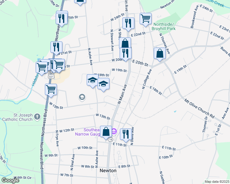 map of restaurants, bars, coffee shops, grocery stores, and more near 1620 North Main Avenue in Newton