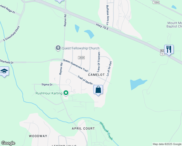 map of restaurants, bars, coffee shops, grocery stores, and more near 402 Queen Guenevere Trail in Garner