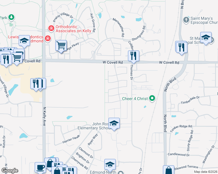 map of restaurants, bars, coffee shops, grocery stores, and more near 445 Butterfield Trail in Edmond
