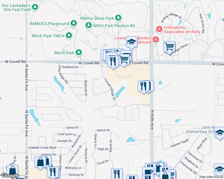 map of restaurants, bars, coffee shops, grocery stores, and more near Covell Village Drive in Edmond