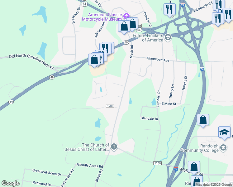 map of restaurants, bars, coffee shops, grocery stores, and more near 826 Charmin Drive in Asheboro