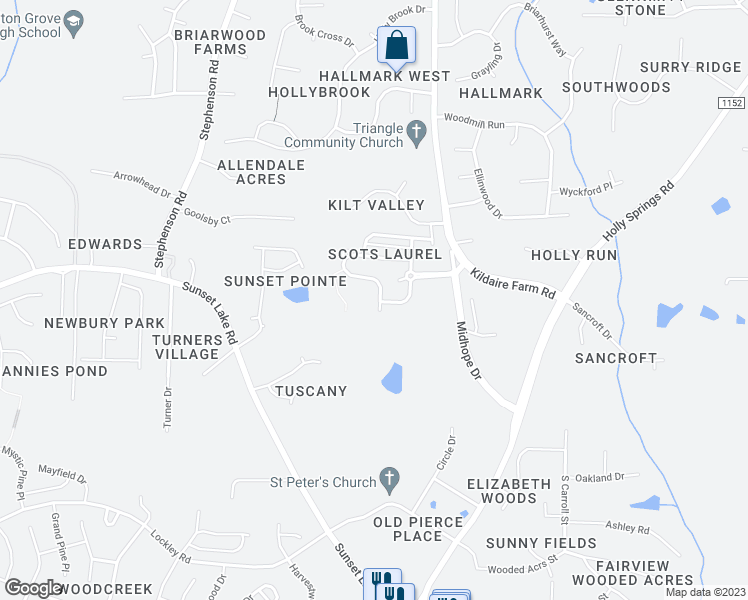 map of restaurants, bars, coffee shops, grocery stores, and more near 266 Bally Shannon Way in Apex