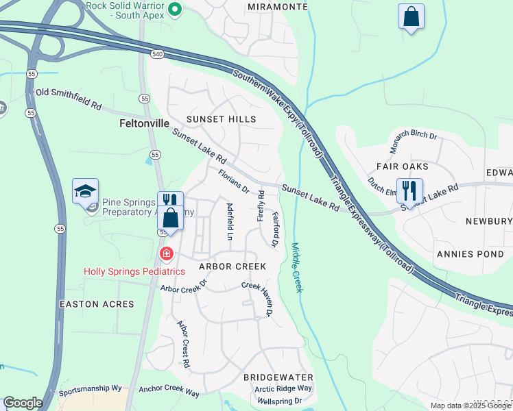 map of restaurants, bars, coffee shops, grocery stores, and more near 208 Firefly Road in Holly Springs