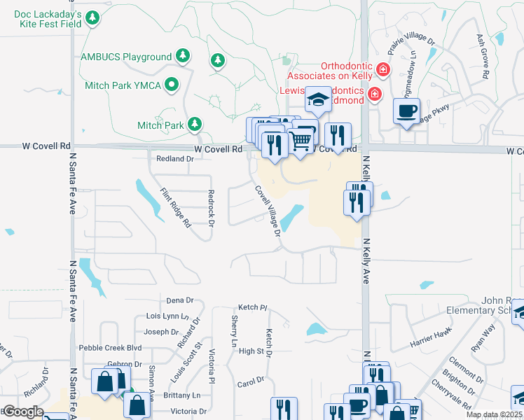 map of restaurants, bars, coffee shops, grocery stores, and more near 1317 Glen Cove Drive in Edmond