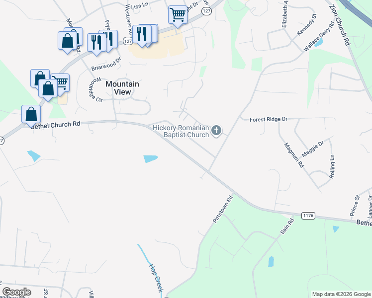 map of restaurants, bars, coffee shops, grocery stores, and more near 5183 Olde School Drive in Hickory