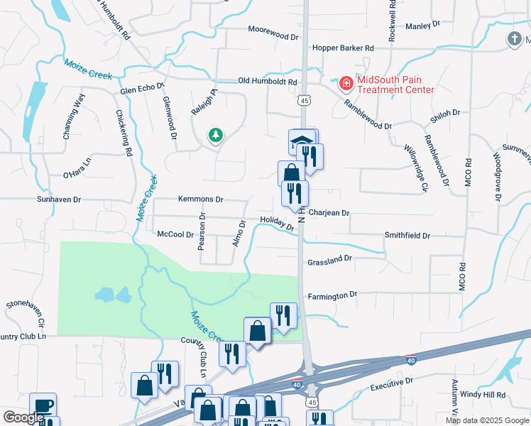 map of restaurants, bars, coffee shops, grocery stores, and more near 34 Moss Woods Cove in Jackson
