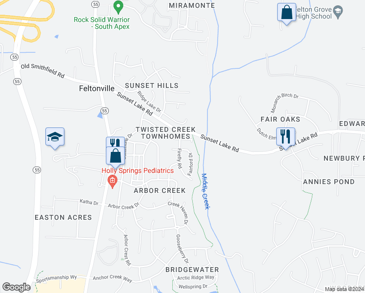 map of restaurants, bars, coffee shops, grocery stores, and more near 156 Fairford Drive in Holly Springs