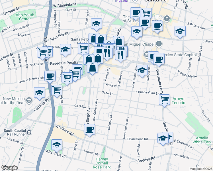 map of restaurants, bars, coffee shops, grocery stores, and more near 227 Anita Place in Santa Fe