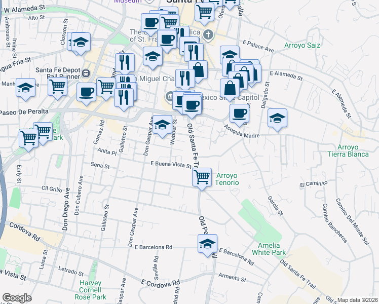 map of restaurants, bars, coffee shops, grocery stores, and more near 632 Old Santa Fe Trail in Santa Fe