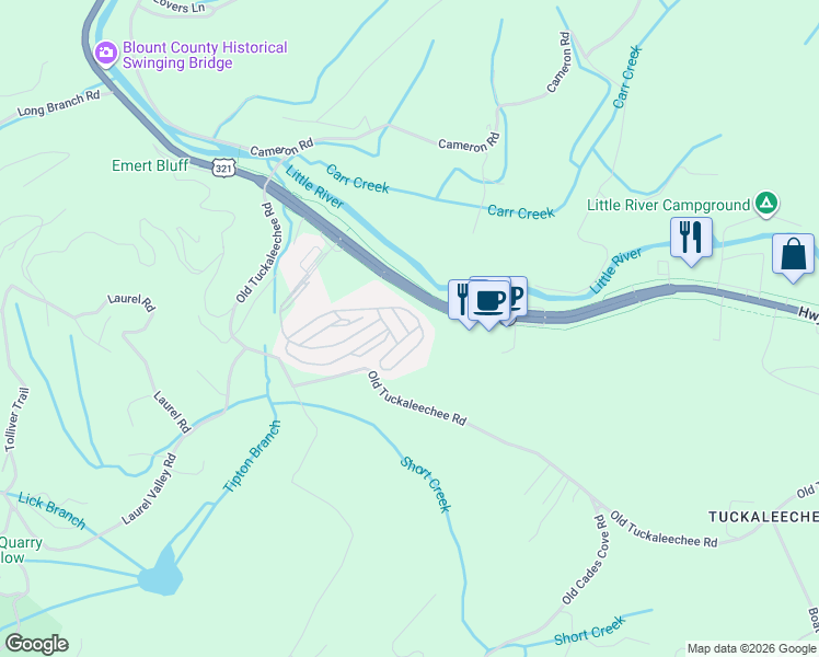 map of restaurants, bars, coffee shops, grocery stores, and more near 243 Old Tuckaleechee Road in Townsend