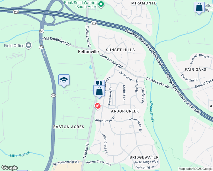 map of restaurants, bars, coffee shops, grocery stores, and more near 412 Commons Drive in Holly Springs