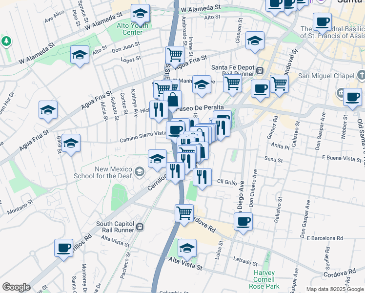 map of restaurants, bars, coffee shops, grocery stores, and more near 907 South Saint Francis Drive in Santa Fe