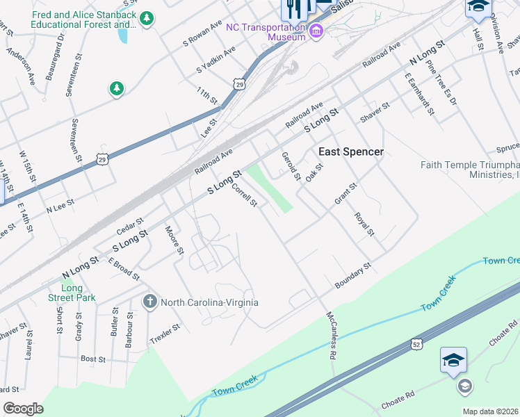 map of restaurants, bars, coffee shops, grocery stores, and more near Correll Street in Salisbury