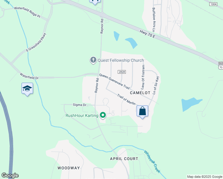 map of restaurants, bars, coffee shops, grocery stores, and more near 205 Trail of Merlin in Garner