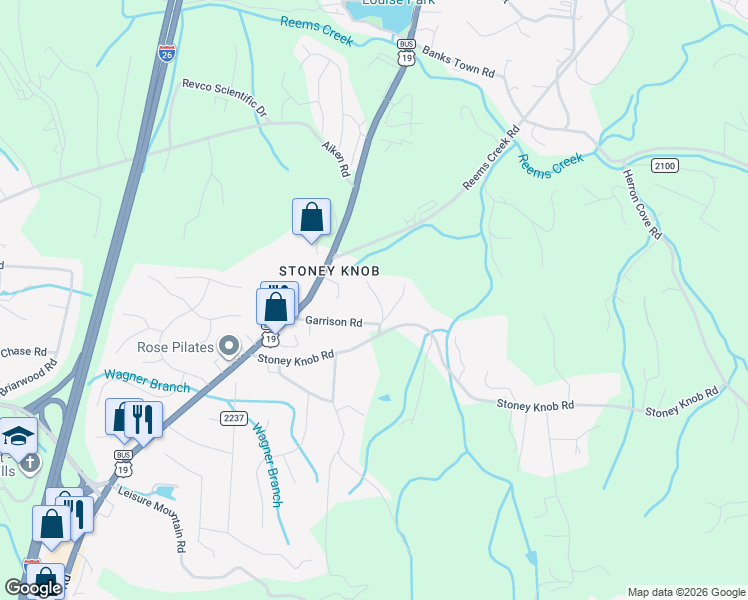 map of restaurants, bars, coffee shops, grocery stores, and more near 24 Garrison Rd in Weaverville