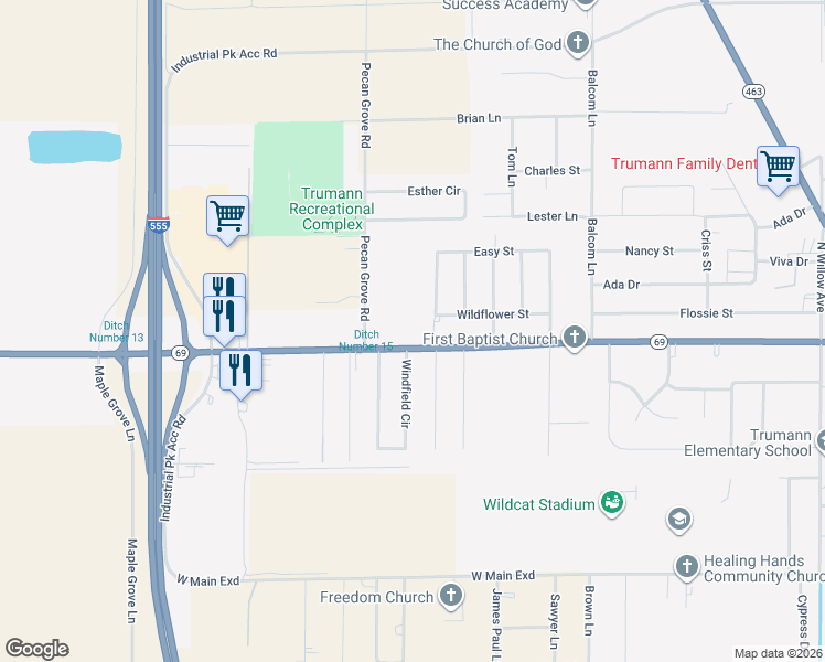 map of restaurants, bars, coffee shops, grocery stores, and more near 601 Larkspur Lane in Trumann