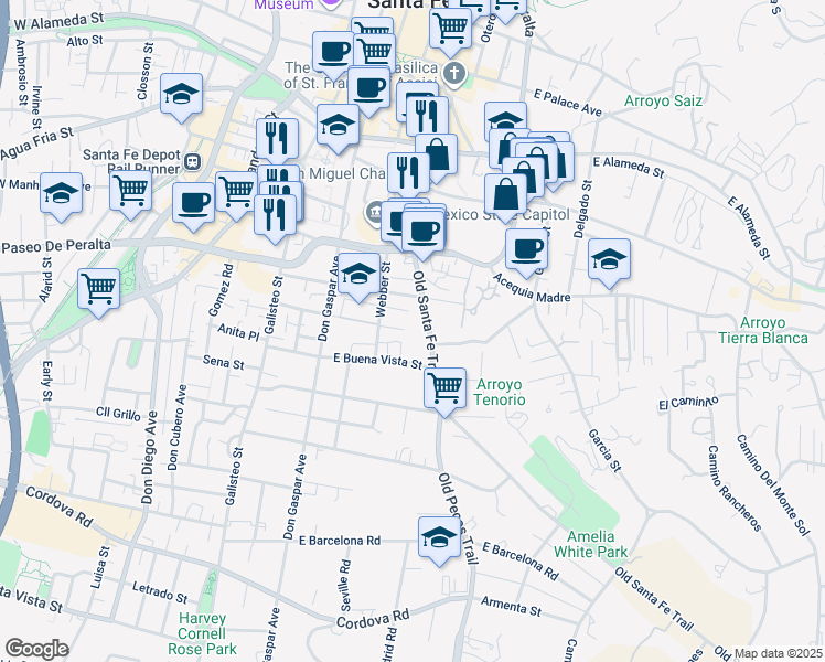 map of restaurants, bars, coffee shops, grocery stores, and more near 632 Old Santa Fe Trail in Santa Fe