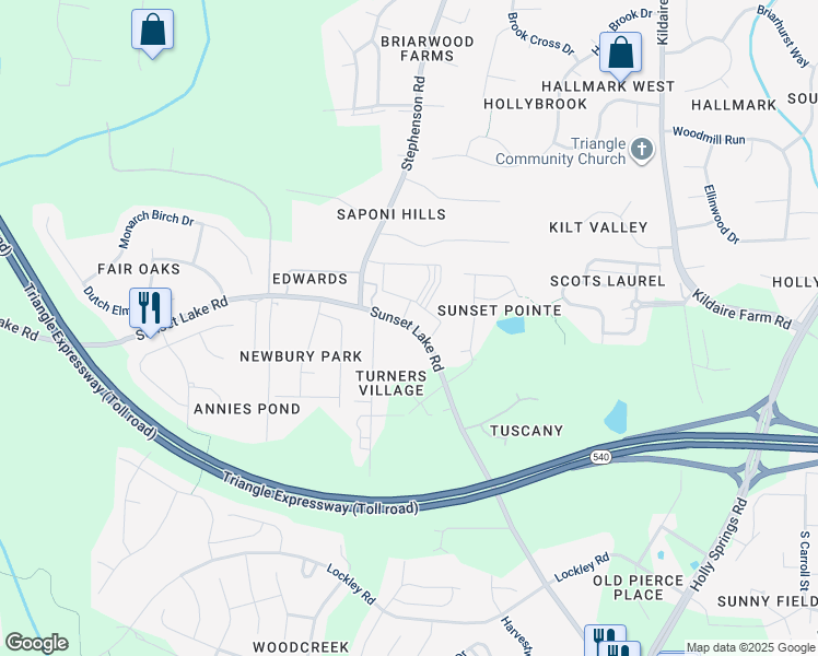 map of restaurants, bars, coffee shops, grocery stores, and more near 4730 Sunset Lake Road in Apex