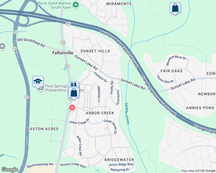 map of restaurants, bars, coffee shops, grocery stores, and more near 104 Gingerlilly Court in Holly Springs
