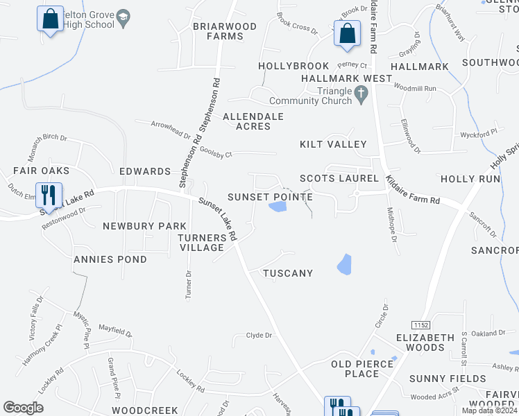 map of restaurants, bars, coffee shops, grocery stores, and more near 213 Sunset Pointe Drive in Apex