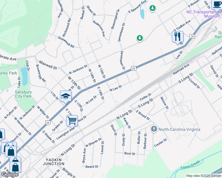 map of restaurants, bars, coffee shops, grocery stores, and more near 1602 North Lee Street in Salisbury