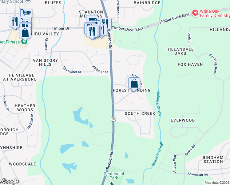 map of restaurants, bars, coffee shops, grocery stores, and more near 109 Bushberry Court in Garner