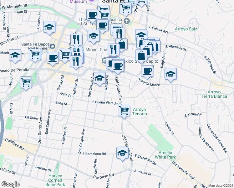 map of restaurants, bars, coffee shops, grocery stores, and more near 632 Old Santa Fe Trail in Santa Fe