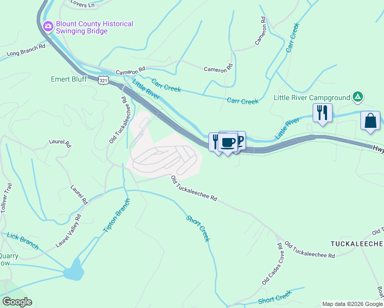map of restaurants, bars, coffee shops, grocery stores, and more near 243 Old Tuckaleechee Rd in Townsend